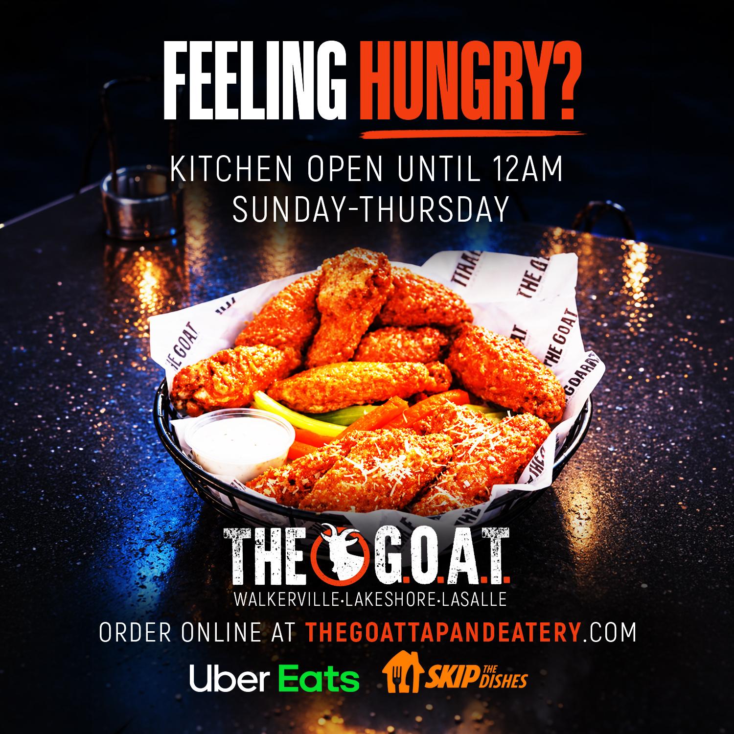 Feeling hungry? The G.O.A.T. kitchen is open until 12 AM Sunday to Thursday at Walkerville, Lakeshore and LaSalle